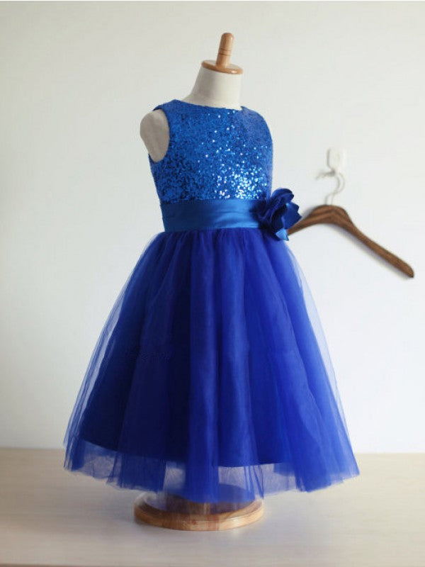 A-line/Princess Jewel Sleeveless Hand-Made Flower Tulle Long Dresses