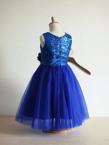 A-line/Princess Jewel Sleeveless Hand-Made Flower Tulle Long Dresses