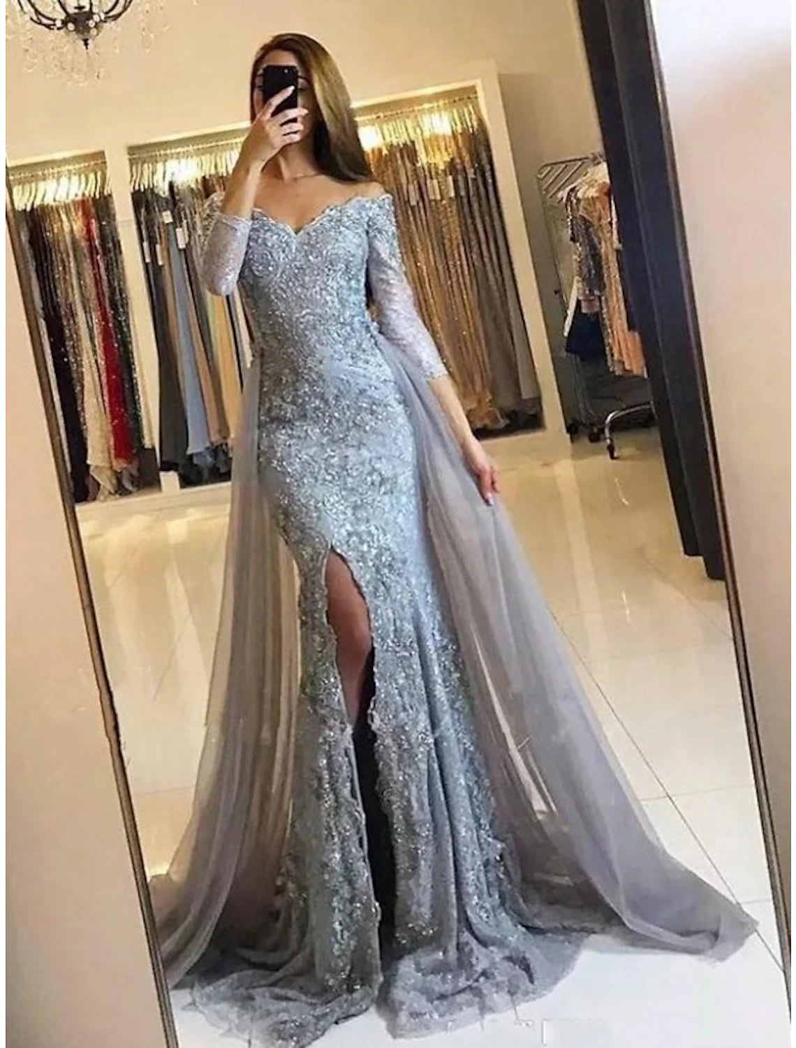 Mermaid Evening Gown Floral Carnival Dress Formal Wedding Sweep / Brush Train Long Sleeve Off Shoulder Fall Wedding Reception Chiffon with Slit Appliques