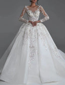 Formal Modest Fall Wedding Dresses Princess Jewel Neck Long Sleeve Chapel Train Tulle Bridal Gowns With Appliques Solid Color