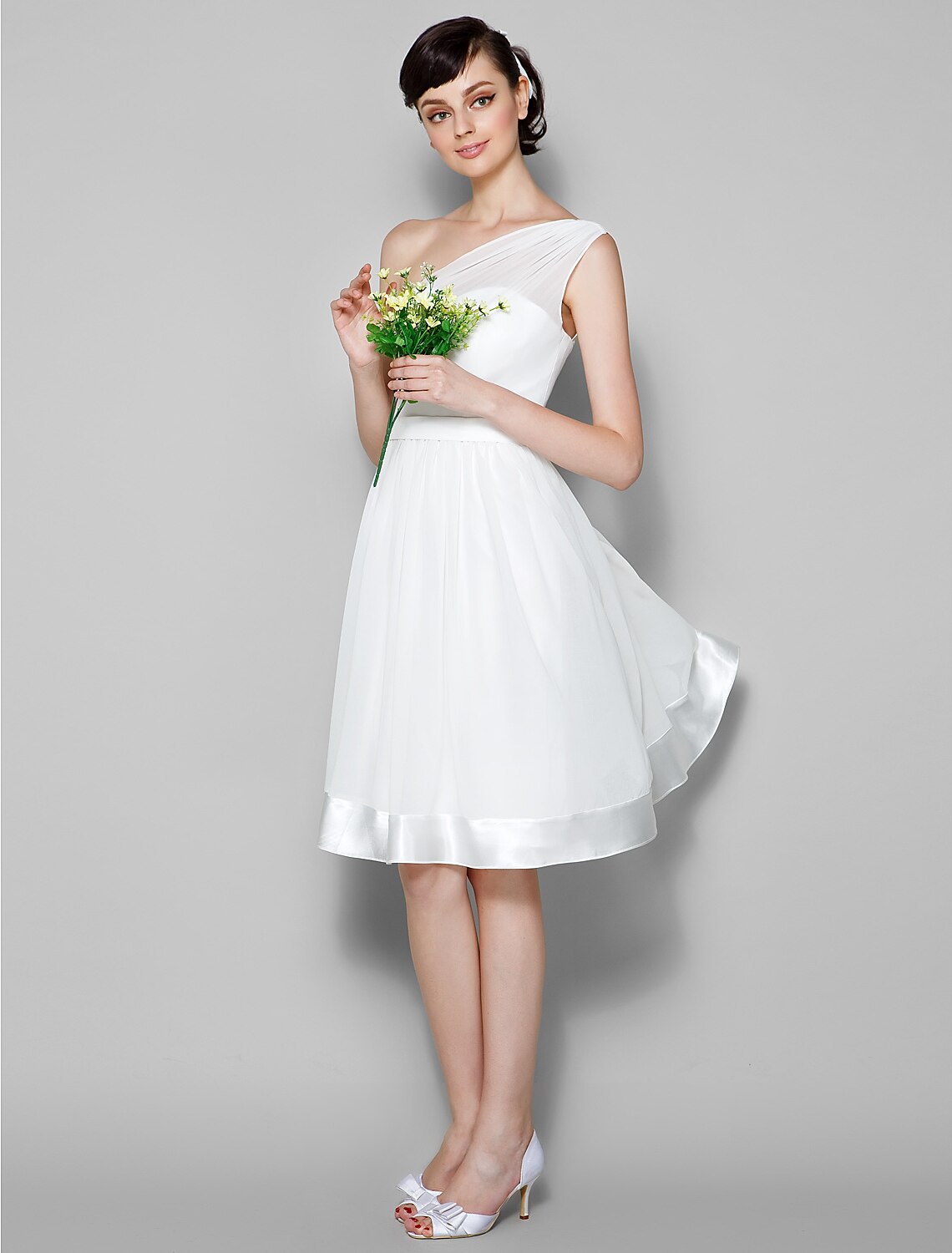 A-Line One Shoulder Knee Length Georgette Bridesmaid Dress with Sash / Ribbon