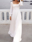 Beach Casual Fall Wedding Dresses A-Line Square Neck Long Sleeve Sweep / Brush Train Chiffon Bridal Gowns With Solid Color