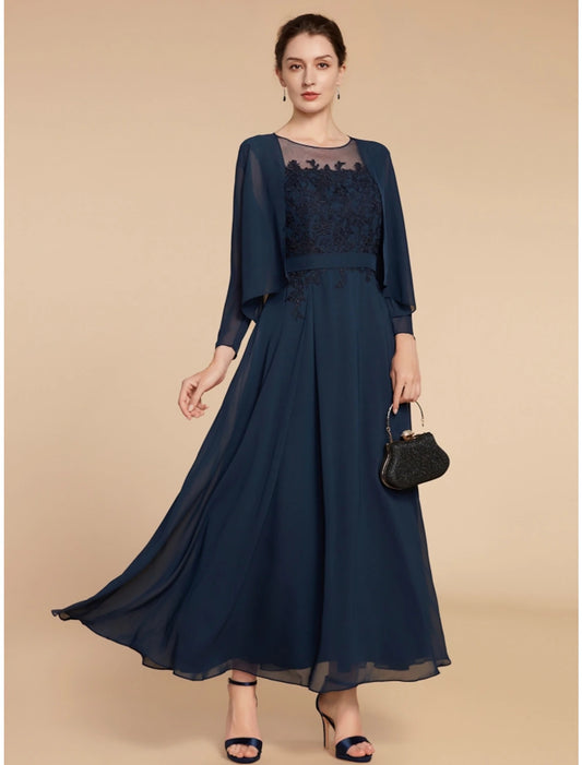 A-Line Mother of the Bride Dress Wedding Guest Elegant Jewel Neck Ankle Length Chiffon Lace Long Sleeve with Ruching Solid Color