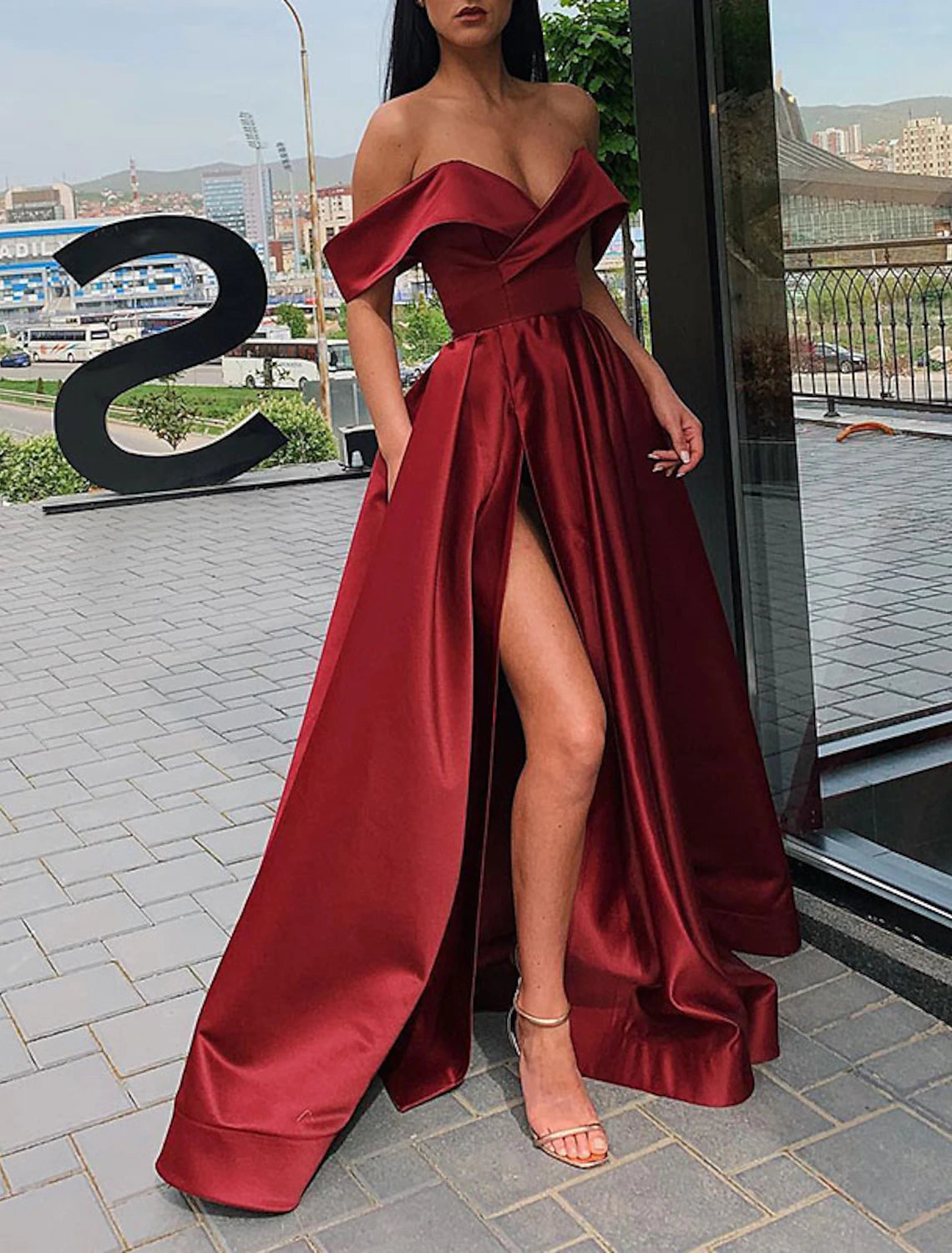 A-Line Evening Gown Celebrity Dress Christmas Red Green Dress Prom Floor Length Short Sleeve V Neck Fall Wedding Guest Satin with Slit