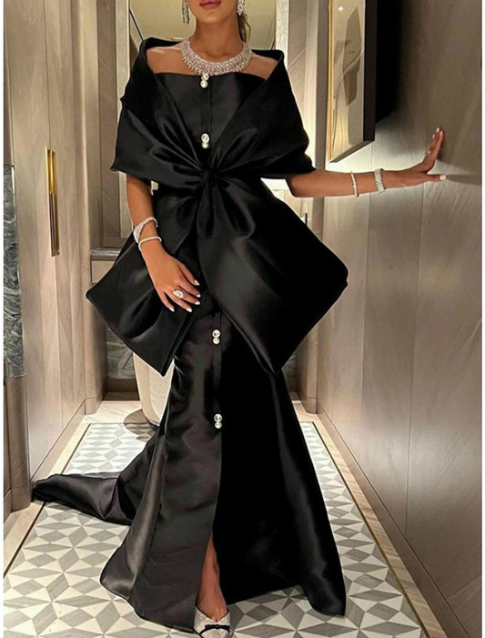 Mermaid / Trumpet Evening Gown Black Dress Elegant Dress Formal Court Train Half Sleeve Off Shoulder Satin with Bow(s) Slit