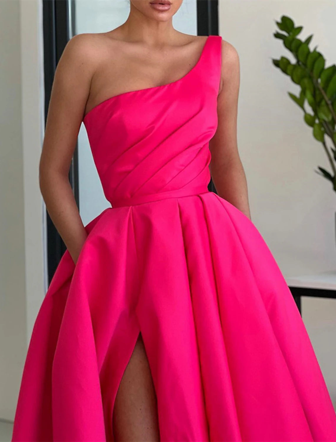 A-Line Prom Dresses Party Dress Formal Wedding Guest Sweep / Brush Train Sleeveless One Shoulder Satin with Ruched Slit