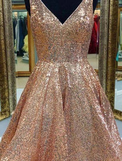 A-Line Homecoming Dresses Sparkle & Shine Dress Graduation Party Wear Tea Length Sleeveless V Neck Pink Dress Sequined with Sequin