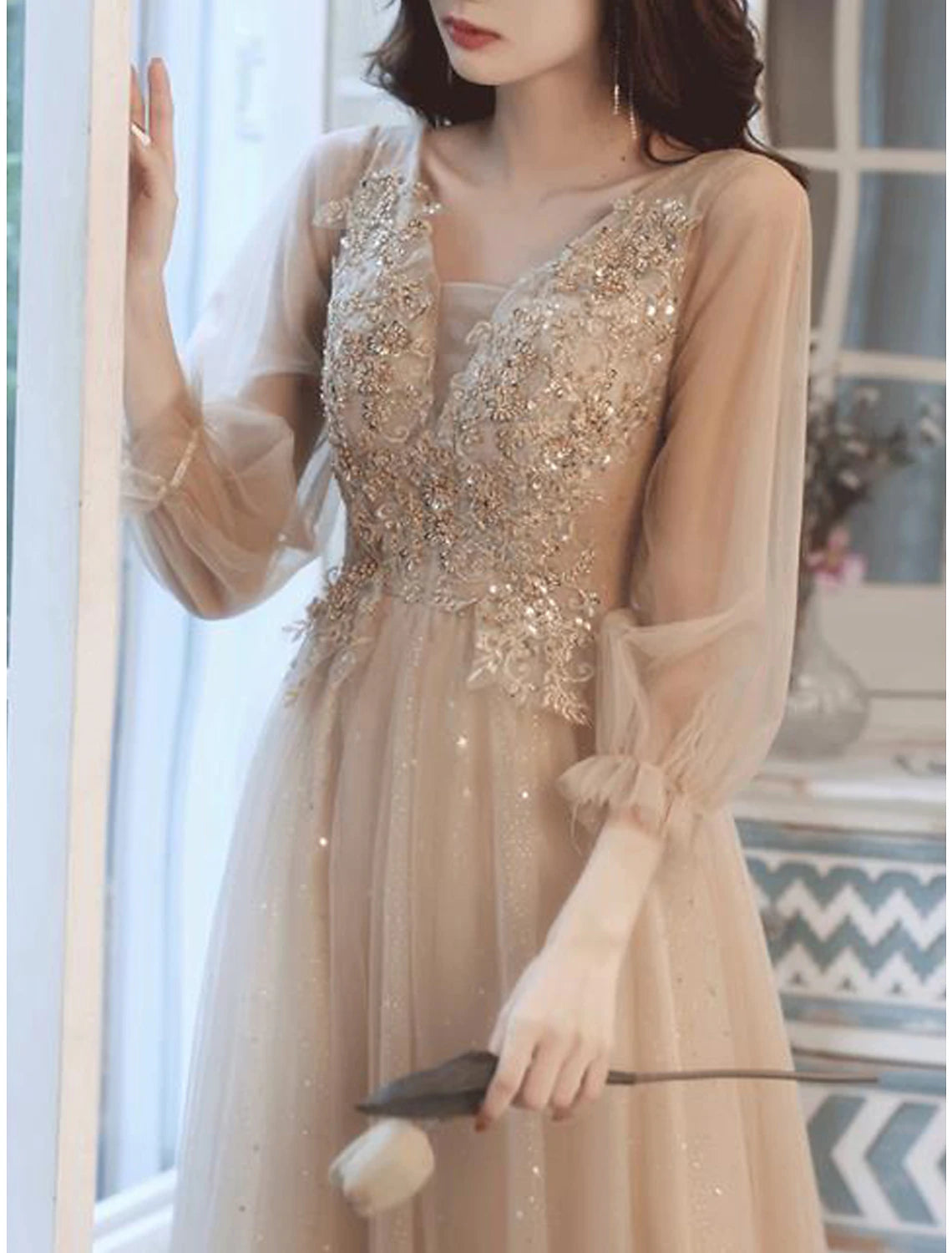 A-Line Bridesmaid Dress V Neck Long Sleeve Elegant Tea Length Lace / Tulle with Beading / Appliques