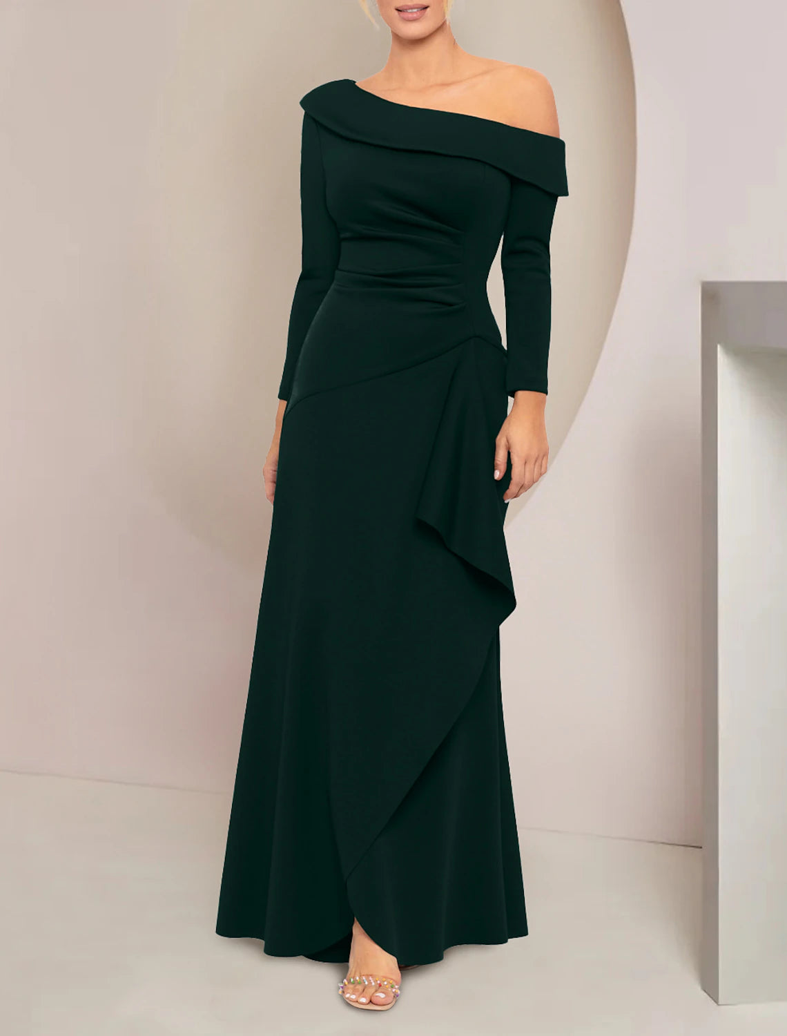 A-Line Mother of the Bride Dress Wedding Guest Party Elegant Off Shoulder Floor Length Stretch Fabric Long Sleeve with Ruffles Solid Color