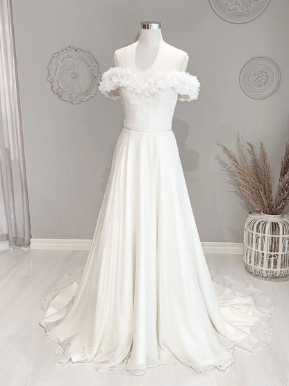 Elegant Long Dress Off Shoulder Flowers Beach Unique Wedding Dress