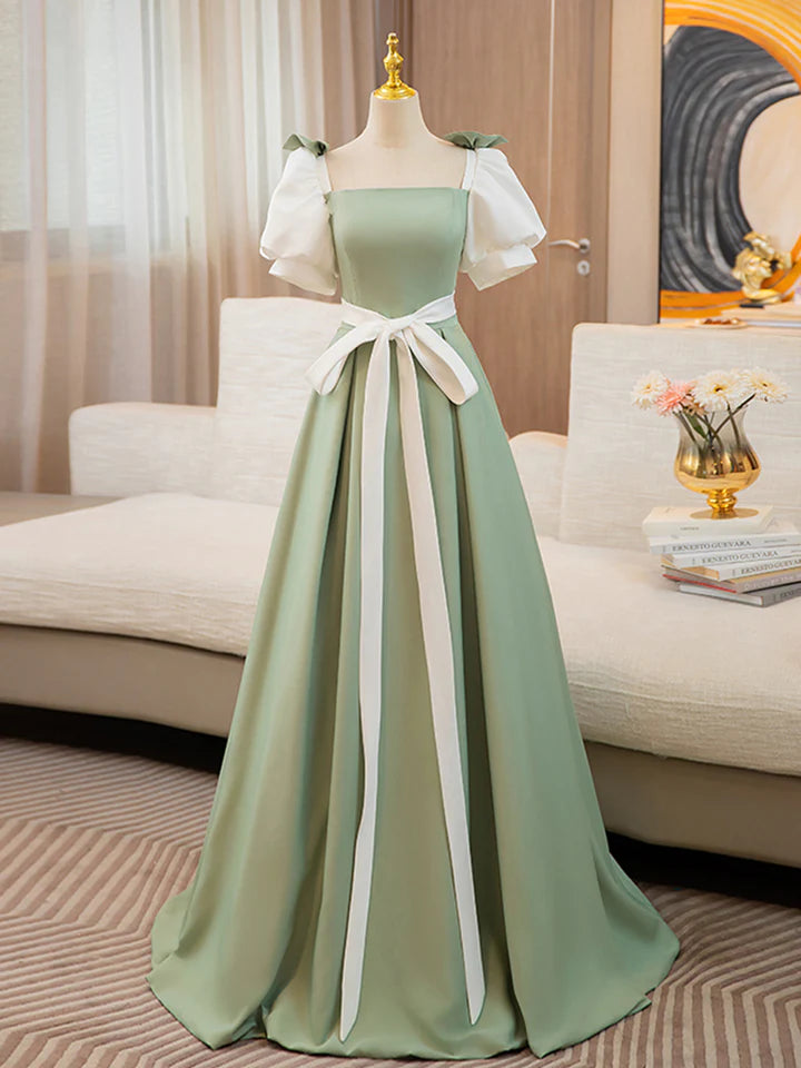 A-line  Prom Dress Puff Sleeves Satin Color Blocking Long Lace up Fresh lovely Dress