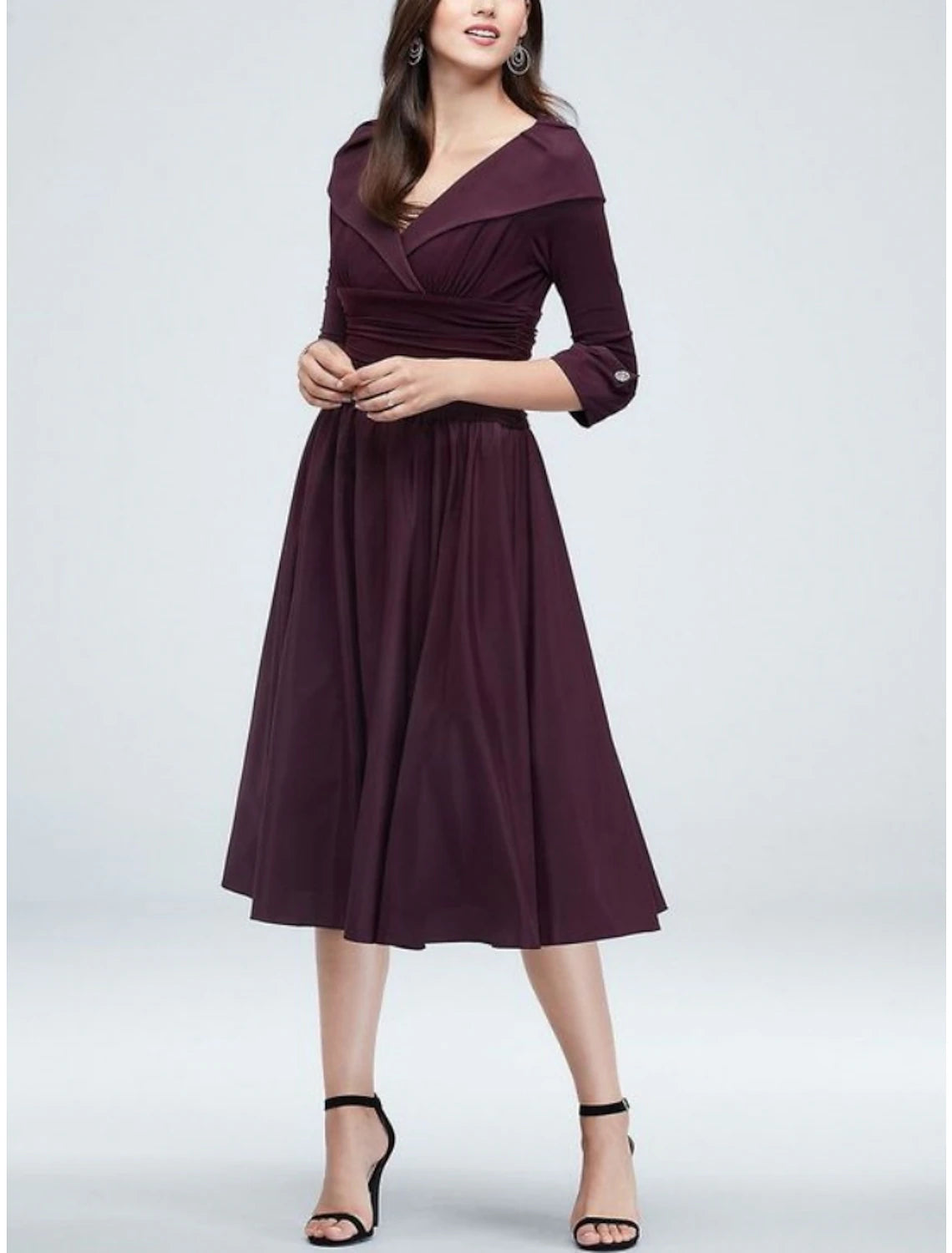 A-Line Mother of the Bride Dress Wedding Guest Elegant Petite Shirt Collar Knee Length Satin 3/4 Length Sleeve with Ruching Solid Color