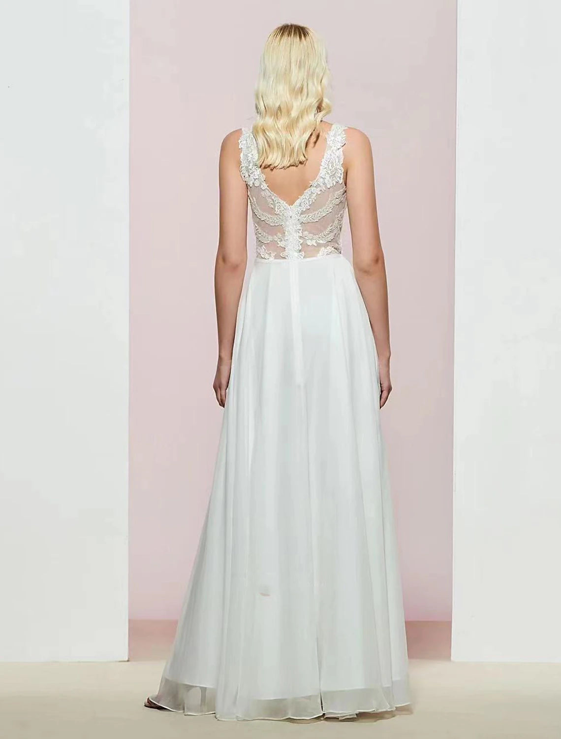 A-Line Evening Gown Open Back Dress Wedding Party Birthday Floor Length Sleeveless V Neck Chiffon with Appliques