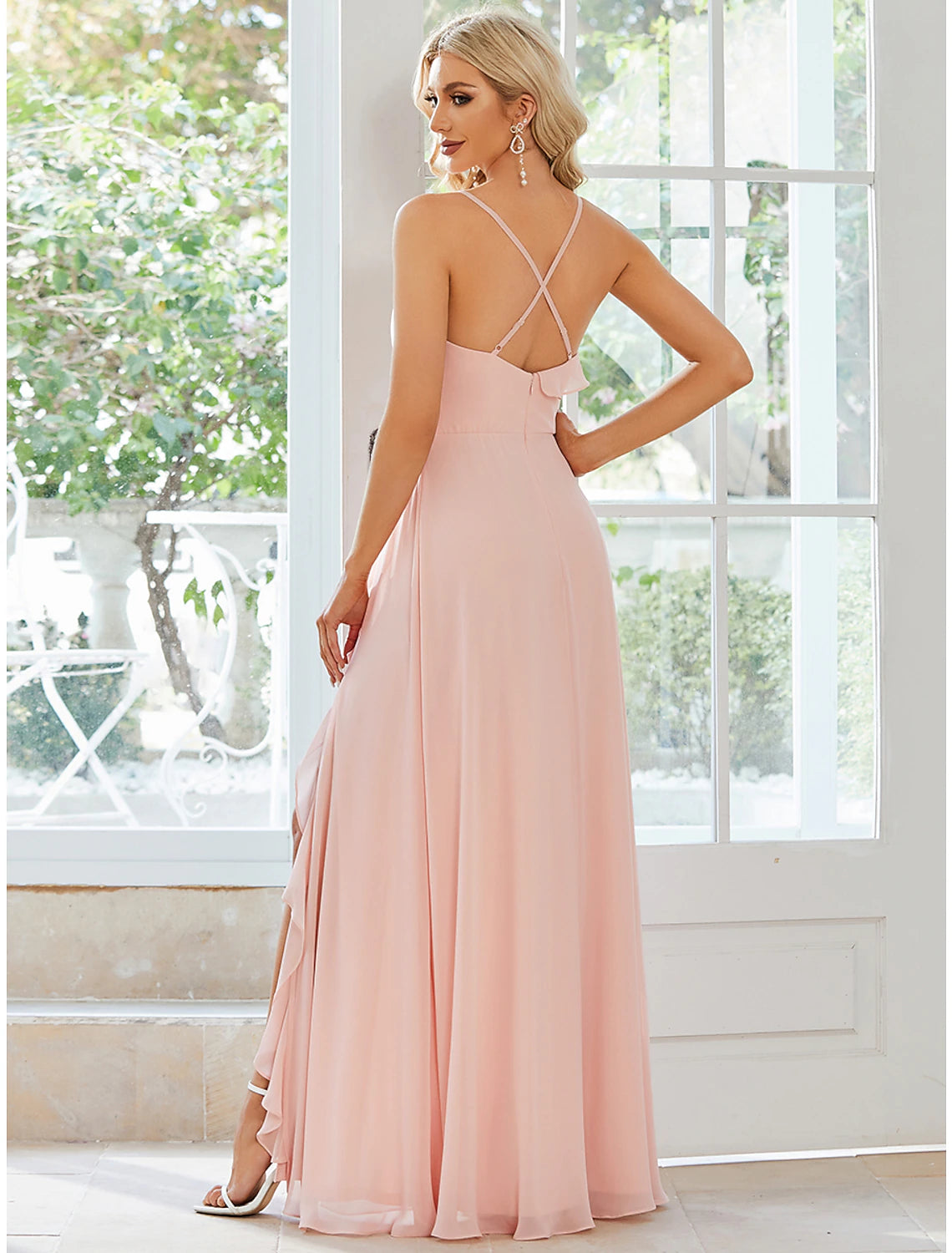 A-Line Wedding Guest Dresses Casual Dress Party Wear Wedding Party Floor Length Sleeveless Spaghetti Strap Chiffon with Ruffles Slit