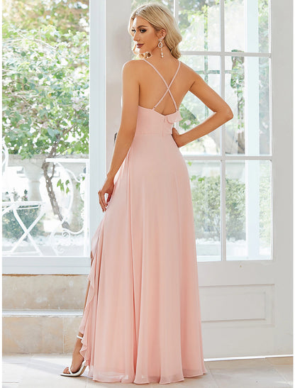 A-Line Wedding Guest Dresses Casual Dress Party Wear Wedding Party Floor Length Sleeveless Spaghetti Strap Chiffon with Ruffles Slit