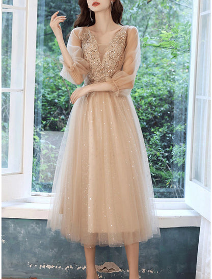 A-Line Bridesmaid Dress V Neck Long Sleeve Elegant Tea Length Lace / Tulle with Beading / Appliques