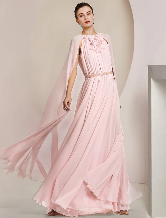 A-Line Mother of the Bride Dress Formal Wedding Guest Elegant Scoop Neck Floor Length Chiffon Sleeveless with Sash / Ribbon Flower