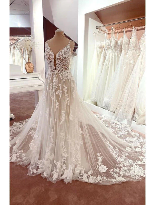 Engagement Open Back Formal Wedding Dresses A-Line Camisole V Neck Spaghetti Strap Chapel Train Lace Bridal Gowns With Appliques