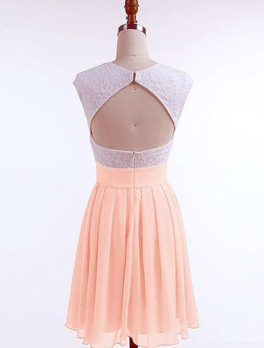 A-Line Beautiful Back Flirty Graduation Cocktail Party Dress Jewel Neck Short Sleeve Short / Mini Chiffon with Pleats