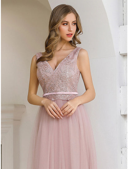 A-Line Evening Gown Elegant Dress Wedding Guest Formal Evening Floor Length Sleeveless V Neck Satin V Back with Sash / Ribbon Sequin