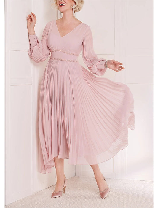 A-Line Mother of the Bride Dress Formal Wedding Guest Elegant Scoop Neck V Neck Tea Length Chiffon Long Sleeve with Crystals Ruching Solid Color