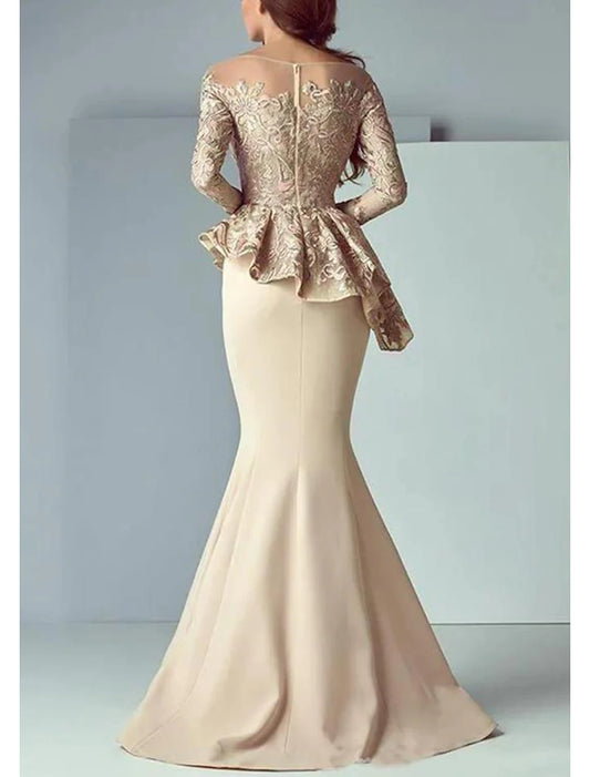 Mermaid / Trumpet Mother of the Bride Dress Formal Wedding Guest Elegant Scoop Neck Floor Length Lace Stretch Fabric Long Sleeve with Ruffles Appliques