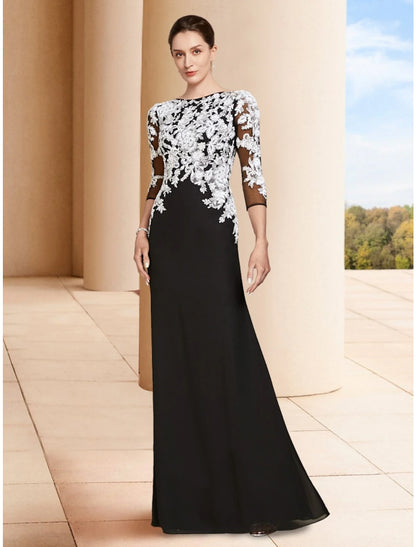 Sheath / Column Mother of the Bride Dress Wedding Guest Elegant Jewel Neck Floor Length Stretch Chiffon 3/4 Length Sleeve with Lace