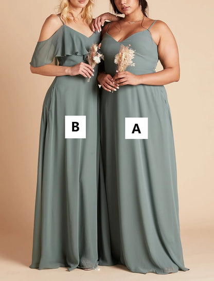 A-Line Bridesmaid Dress Spaghetti Strap Sleeveless Sexy Floor Length Chiffon with Solid Color