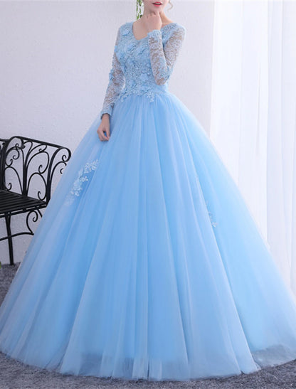 Ball Gown Quinceanera Dresses Princess Dress Performance Quinceanera Floor Length Long Sleeve V Neck Polyester with Crystals Appliques