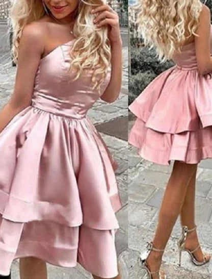 A-Line Satin Mini Homecoming Dress One Shoulder Minimalist Cocktail Party Dress Dress Sleeveless Short / Mini With Tier