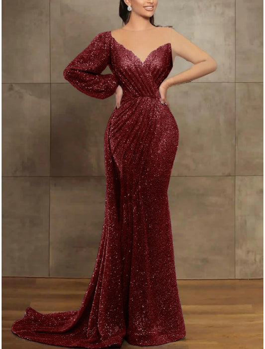 Mermaid / Trumpet Evening Gown Elegant Christmas Dress Formal Court Train Long Sleeve Illusion Neck Sequined with Pleats Sequin