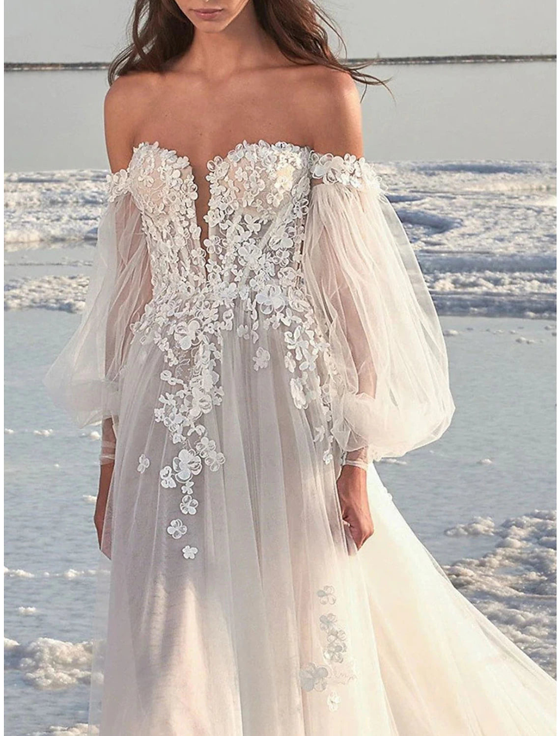 Beach Formal Wedding Dresses A-Line Off Shoulder Long Sleeve Court Train Lace Bridal Gowns With Appliques Summer Fall Wedding Party