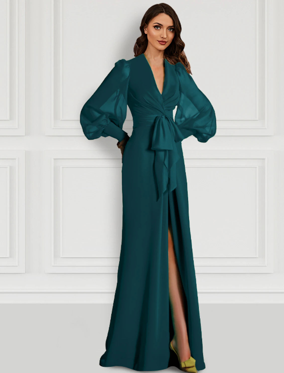 Mermaid Christmas Red Green Dress Evening Gown Elegant Dress Formal Wedding Guest Sweep / Brush Train Long Sleeve V Neck Fall Wedding Guest Chiffon with Slit Strappy