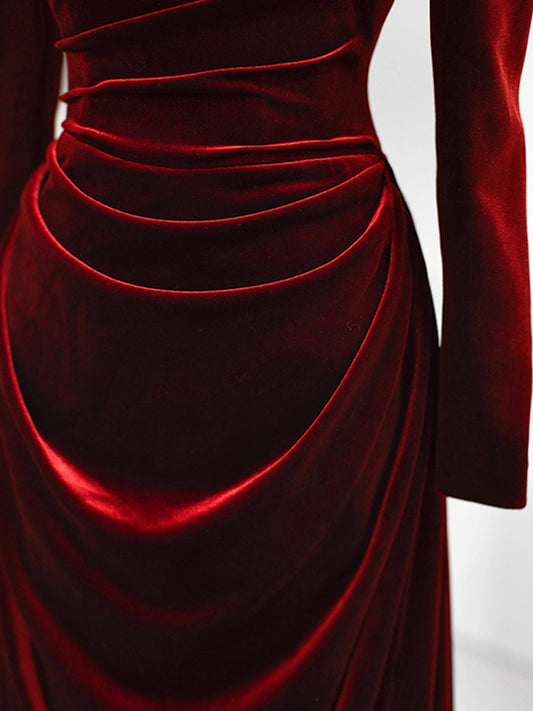 Autumn Winter Velvet Elegant Dress Long Sleeve Pleats Square Neck Gorgeous Evening Dress