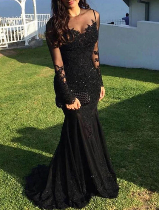 Mermaid Black Dress Evening Gown Sequin Prom Dress Sparkle Formal Gown Sweep / Brush Train Long Sleeve Illusion Neck Lace with Appliques