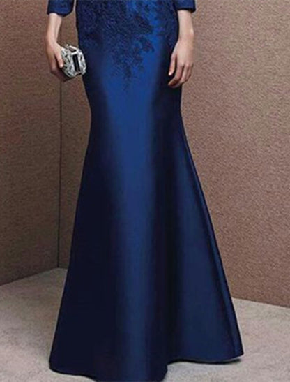 Two Piece Mermaid / Trumpet Mother of the Bride Dress Wedding Guest Elegant Strapless Floor Length Satin Lace 3/4 Length Sleeve with Appliques Solid Color