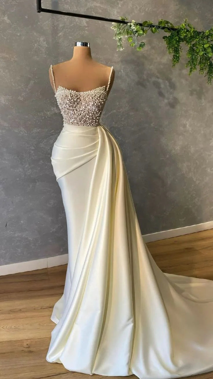 Wedding Dress Spaghetti Straps Pearl Gorgeous Formal Dresses