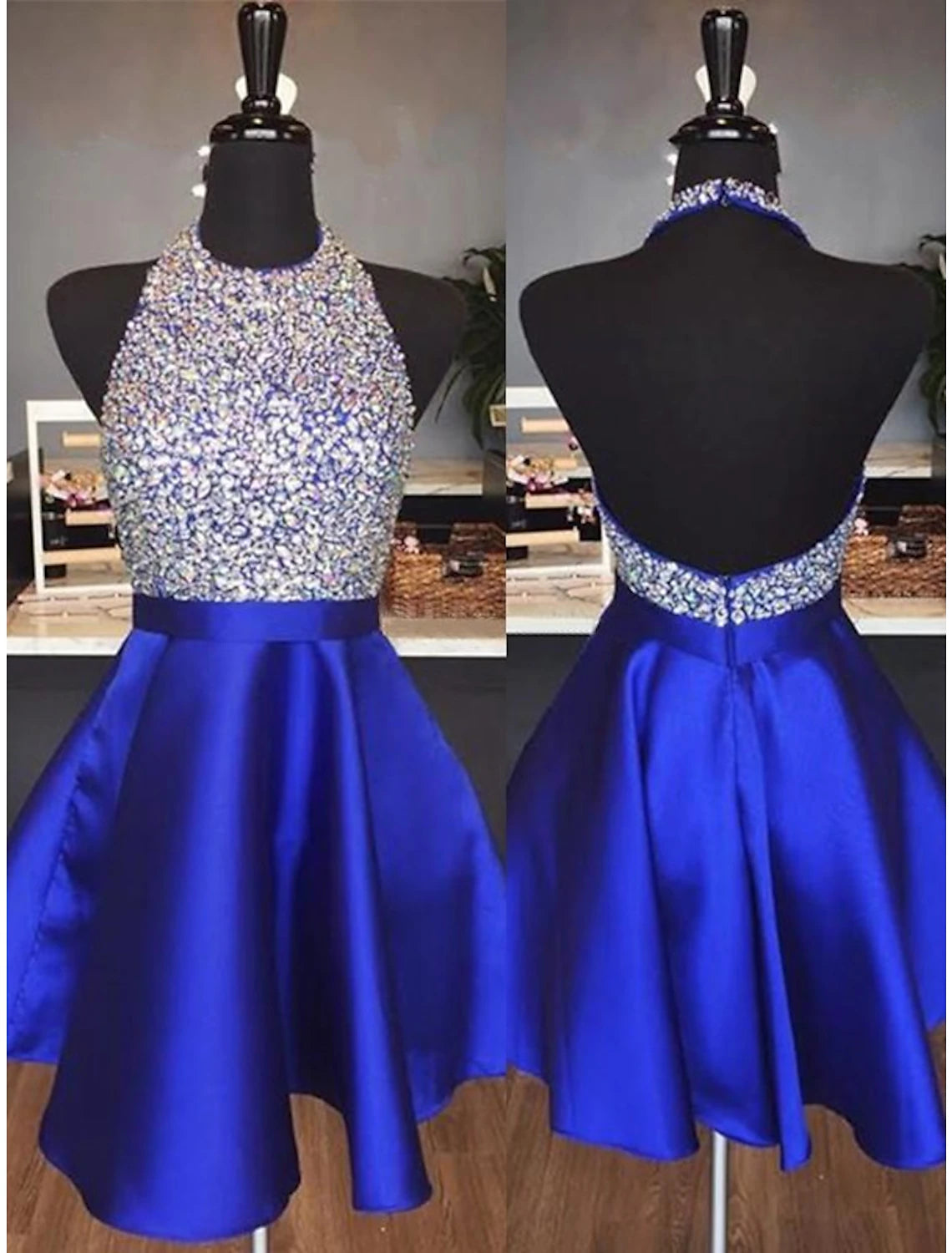 A-Line Homecoming Dresses Sparkle & Shine Dress Party Wear Short / Mini Sleeveless Halter Satin Backless with Pleats Sequin