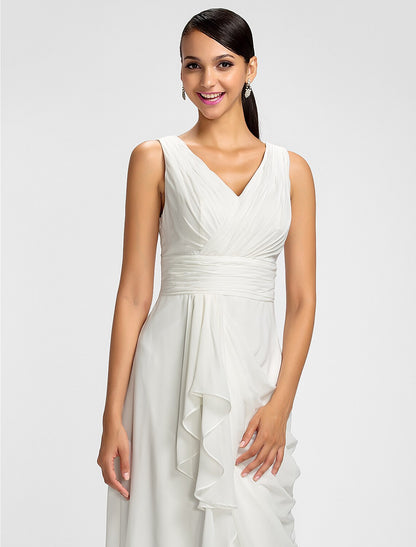 Sheath / Column V Neck Floor Length Chiffon Bridesmaid Dress with Draping / Sash / Ribbon / Side Draping