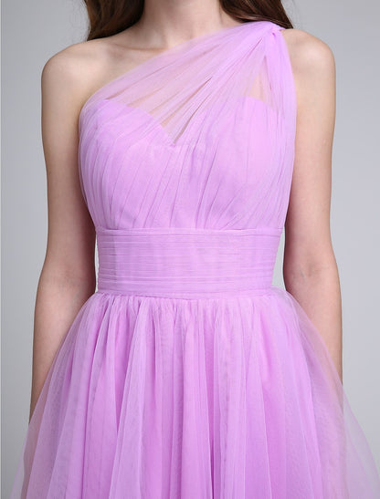 A-Line Bridesmaid Dress One Shoulder Sleeveless Knee Length Tulle with Ruched / Side Draping