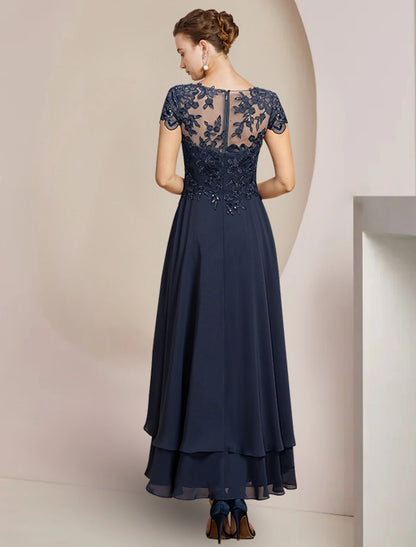 A-Line Mother of the Bride Dress Formal Wedding Guest Elegant High Low Scoop Neck Asymmetrical Tea Length Chiffon Lace Short Sleeve with Sequin Appliques