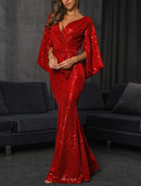 Mermaid Evening Gown Sparkle Christmas Red Green Dress Dress Formal Wedding Guest Floor Length Long Sleeve V Neck Fall Wedding Reception Sequined with Bow(s) Sequin