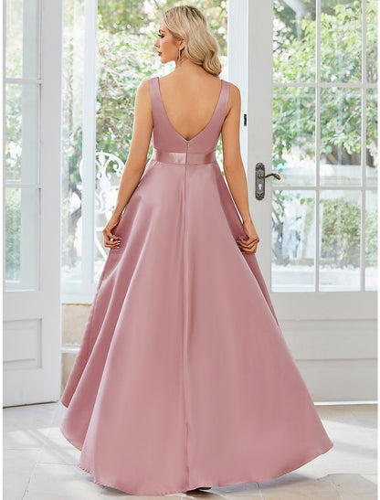 A-Line Wedding Guest Dresses Casual Dress Party Wear Wedding Party Asymmetrical Sleeveless V Neck Satin with Ruffles Pure Color