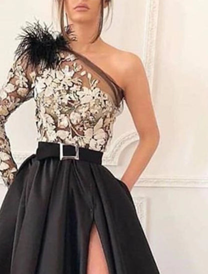 A-Line Evening Gown Black Dress Vintage Formal Wedding Guest Court Train Long Sleeve One Shoulder Satin with Feather Slit