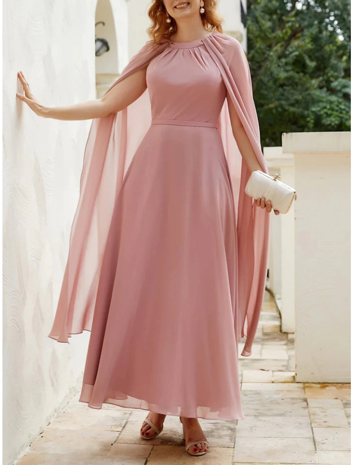 A-Line Mother of the Bride Dress Wedding Guest Elegant Jewel Neck Ankle Length Chiffon Sleeveless with Ruching Solid Color