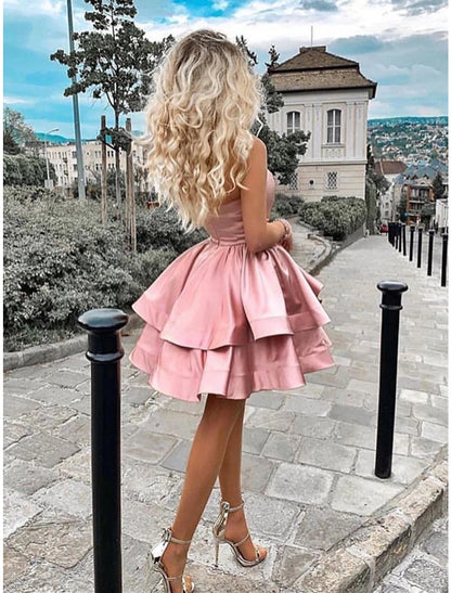 A-Line Satin Mini Homecoming Dress One Shoulder Minimalist Cocktail Party Dress Dress Sleeveless Short / Mini With Tier