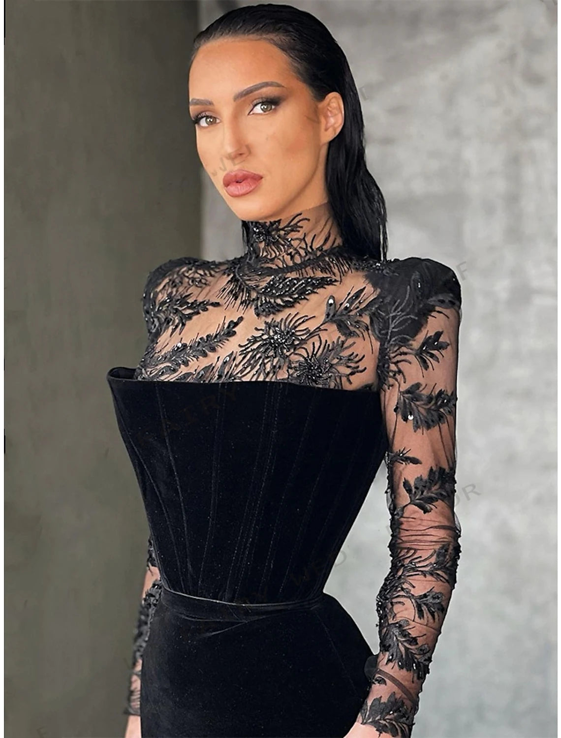 Sheath / Column Evening Gown Elegant Dress Formal Floor Length Long Sleeve High Neck Lace with Slit