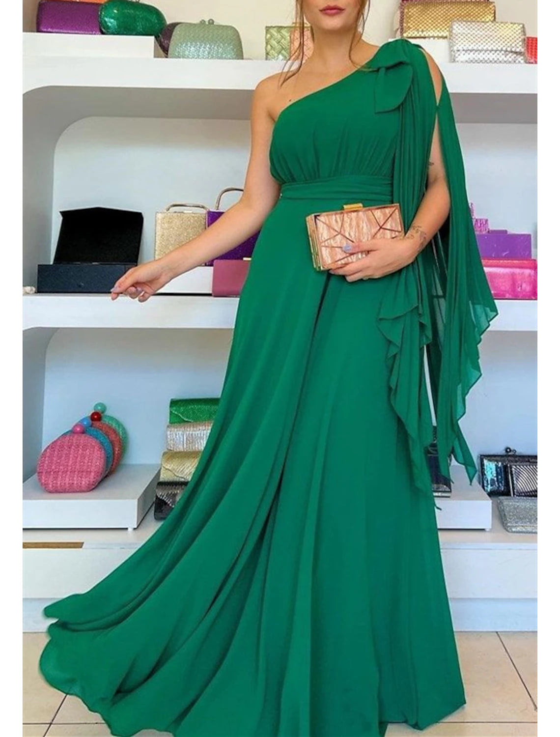 A-Line Evening Gown Party Dress Christmas Red Green Dress Elegant Formal Wedding Guest Sweep / Brush Train Sleeveless One Shoulder Capes Chiffon with Ruffles