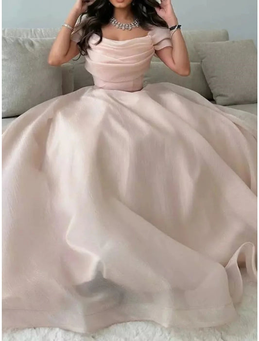 A-Line Evening Gown Elegant Dress Formal Floor Length Short Sleeve Off Shoulder Tulle with Pleats Ruched