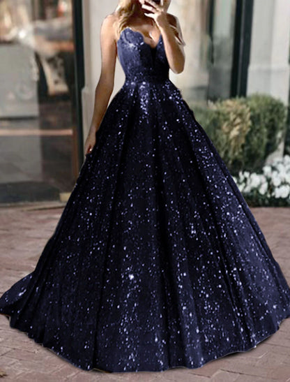 Ball Gown Glitter Prom Black Dress Luxurious Tulle Sparkly Dress For Wedding Party Quinceanera Sweep / Brush Train Sleeveless V Neck Tulle V Back with Sequin